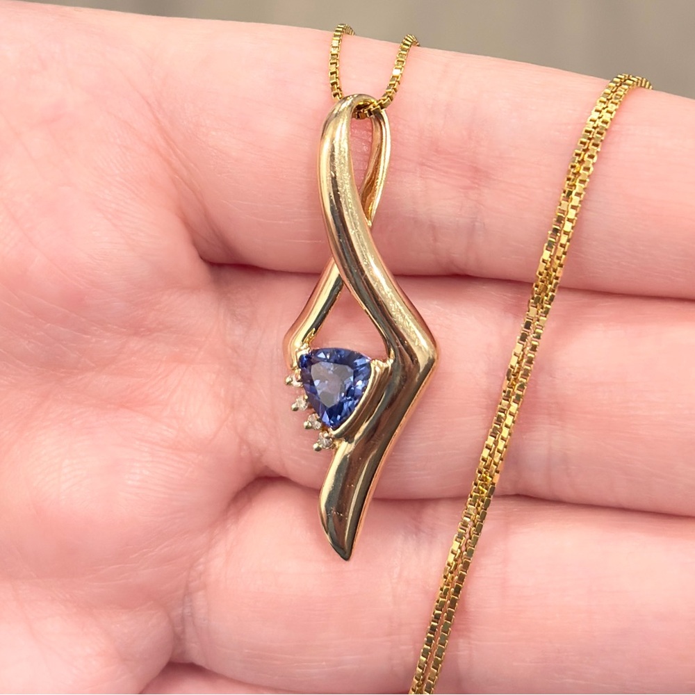 10K Sapphire Diamond Pendant, Yellow Gold, Deep Blue Trillion, Filigree Luxury - Picture 7 of 15